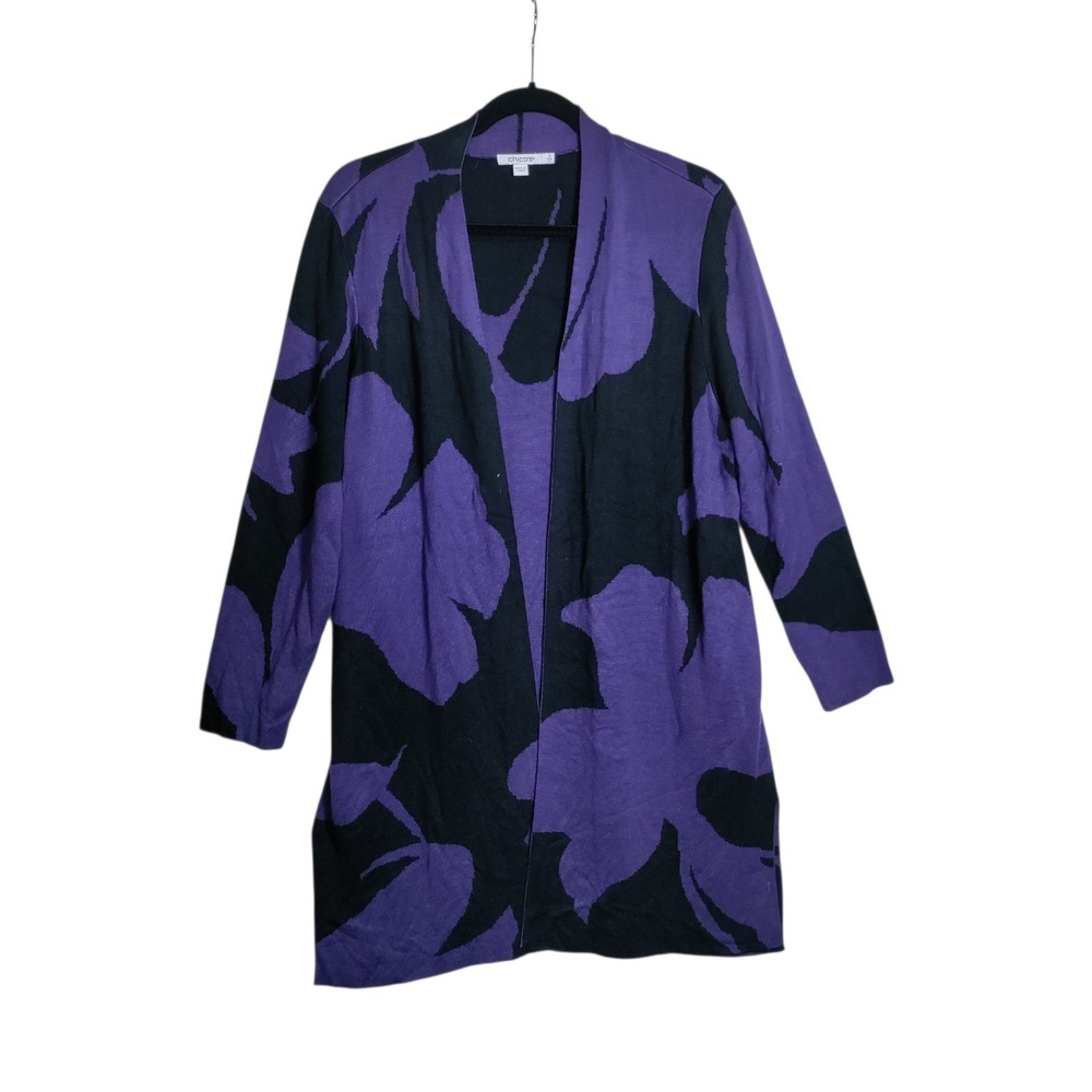 Chicos Purple Black Floral Open Front Cardigan Longline Sweater Size 2 Large